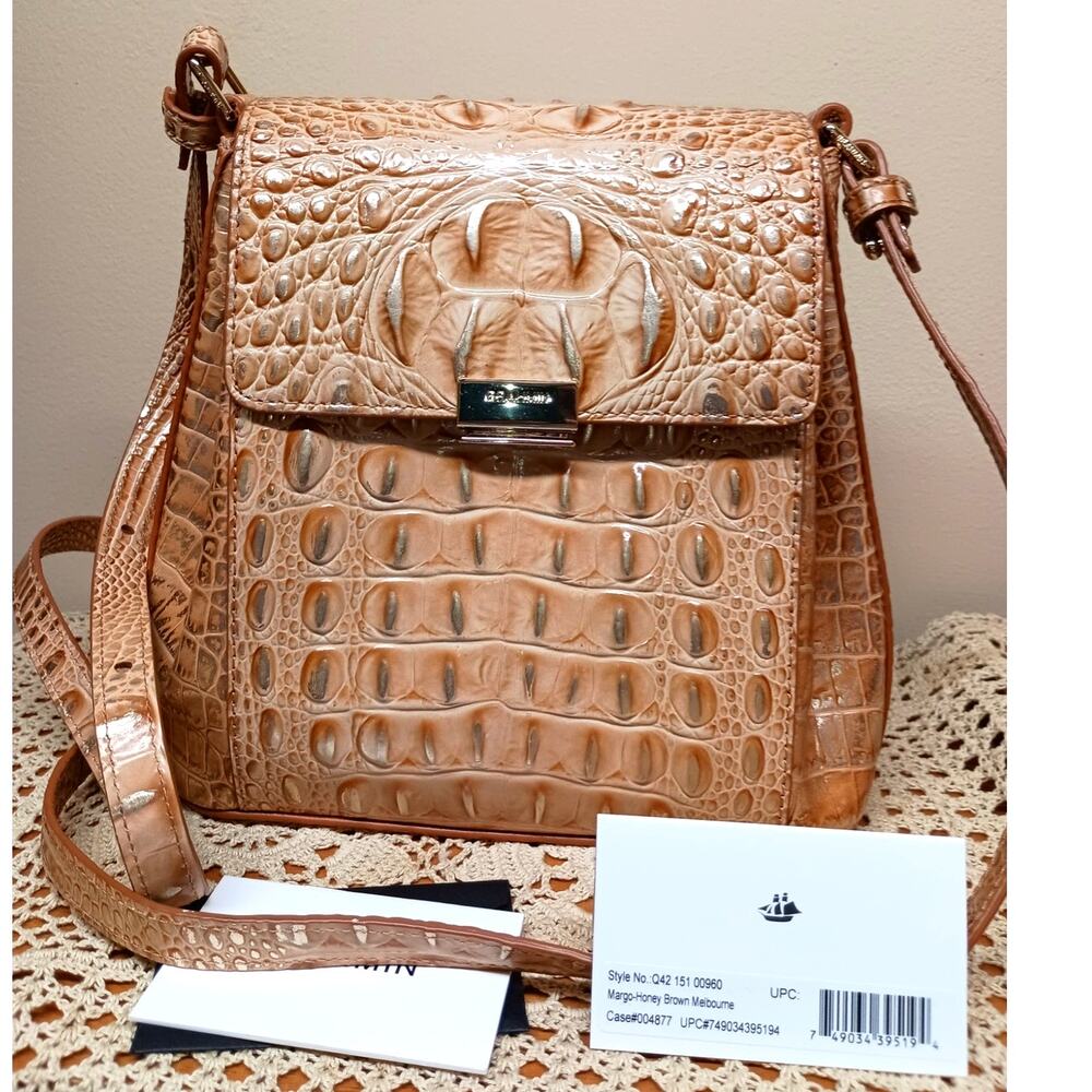 NWOT Brahmin Margo Crossbody Bag Croc Waterfall Honey Brown